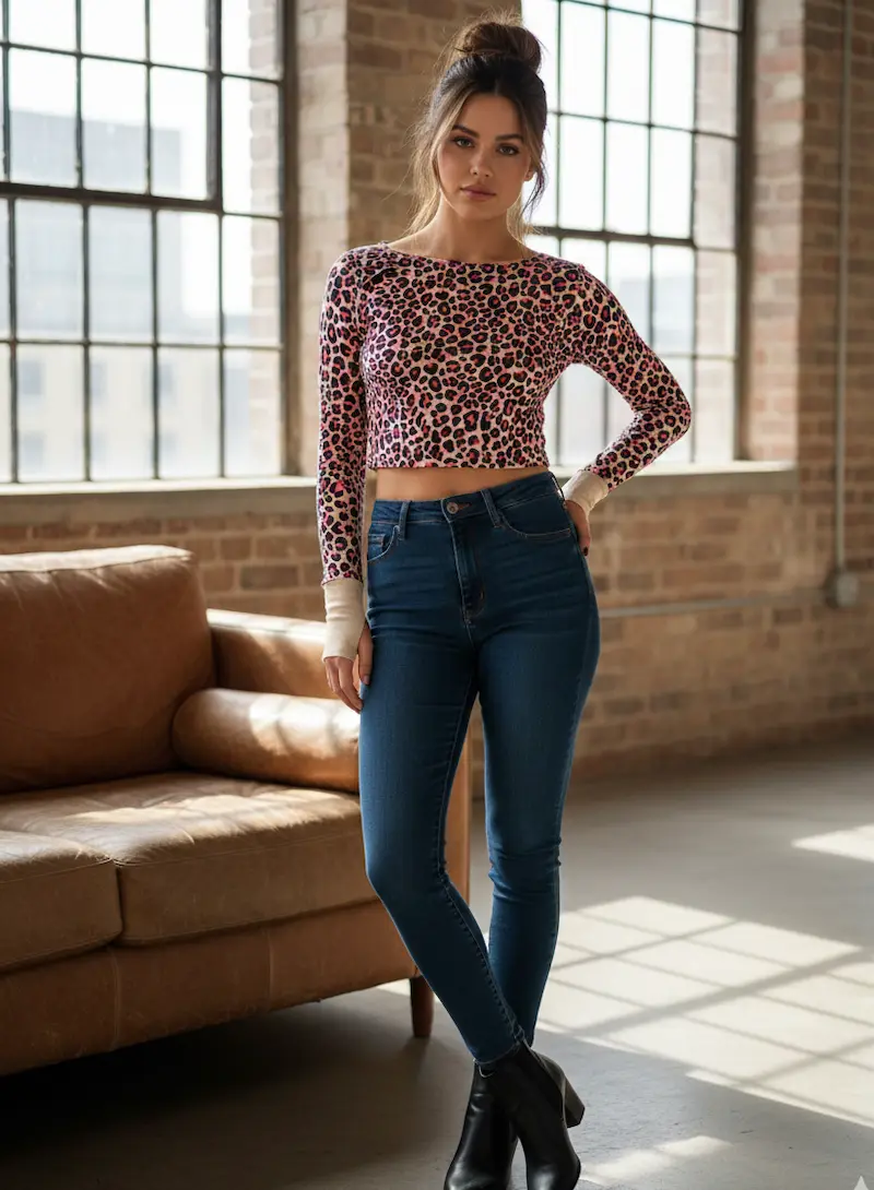 Eine junge Frau trägt ein bauchfreies Langarmshirt aus French Terry Stoff mit auffälligem Leopard-Muster in Rosa und Beere. Der elastische Sommersweat ist als Meterware ideal für modische Damen-Oberteile und Streetwear-Projekte geeignet