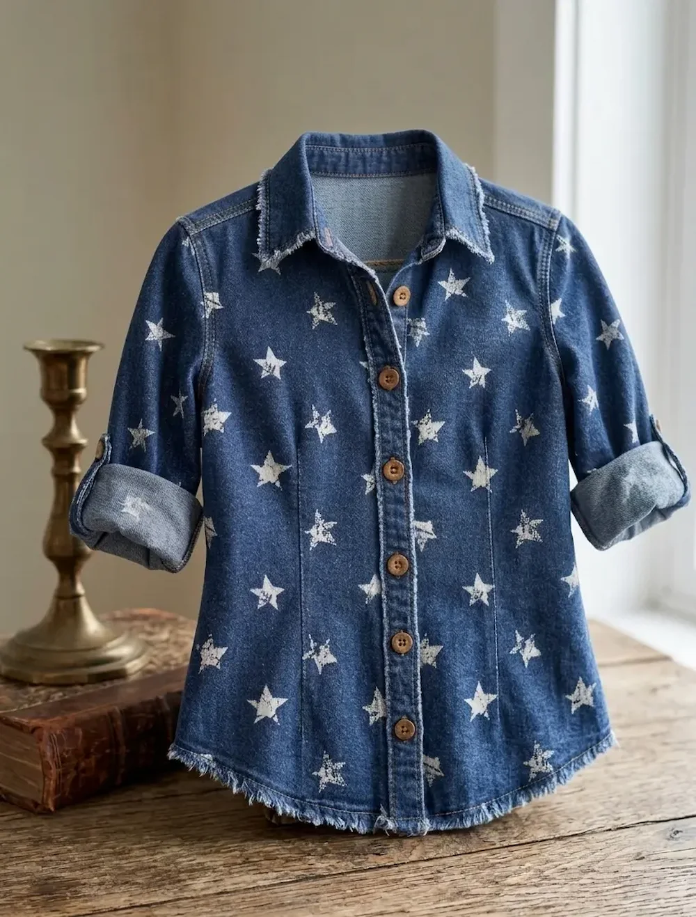 Dunkelblauer Jeansstoff als Meterware mit weißen Sternen, verarbeitet zu einem Hemd mit Holzknöpfen auf einem rustikalen Holztisch.
