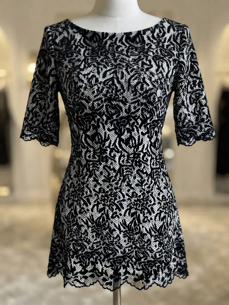 Anwendungsbeispiel für elastischen Spitzen-Jersey als Meterware: Ein elegantes, kurzärmliges Kleid mit schwarz-weißem Muster auf einer Schneiderpuppe in einer Boutique.