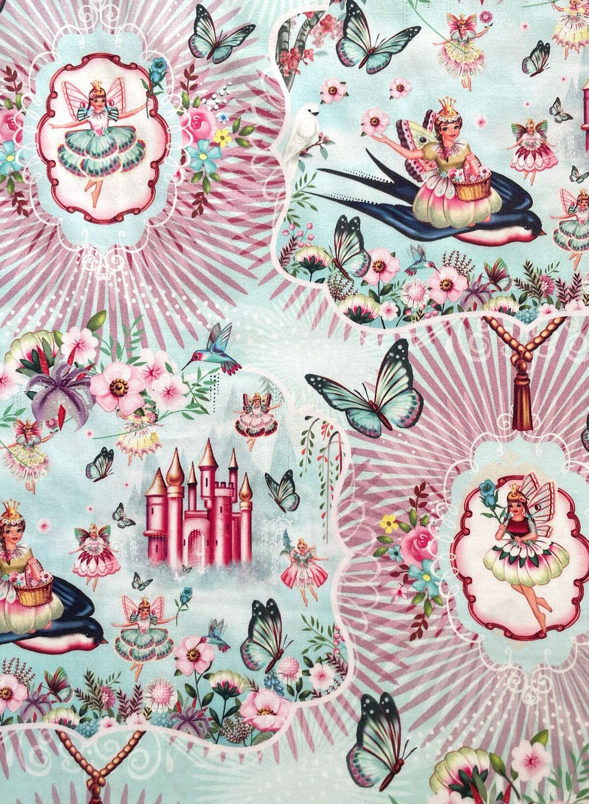 Baumwoll-Satin: Märchenhafte Elfenwelt Prinzessin Burg pastel
