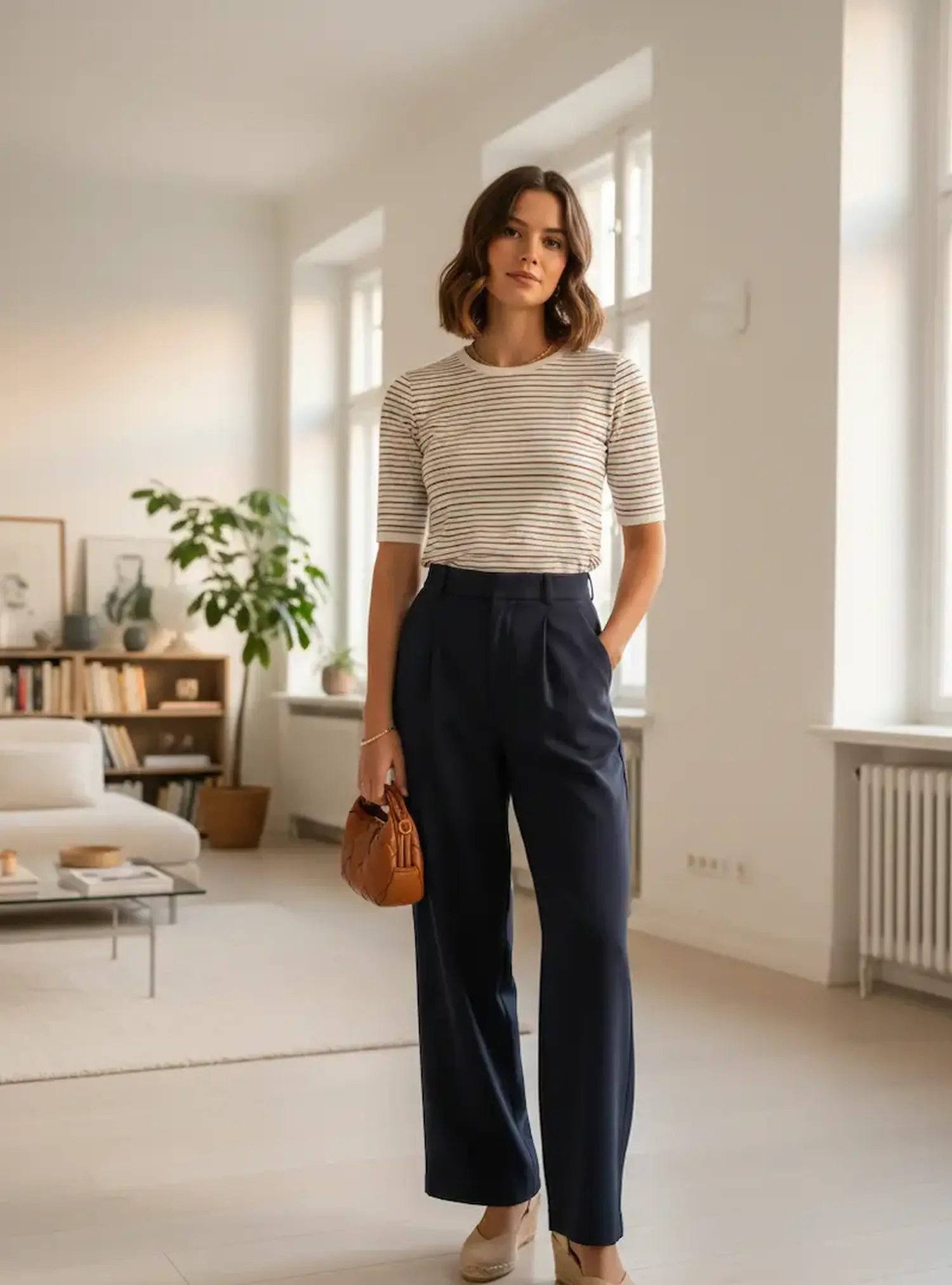 Eine Frau in einem hellen Wohnzimmer trägt ein selbstgenähtes T-Shirt aus weiß-braun gestreiftem Jerseystoff kombiniert mit einer dunklen Stoffhose.