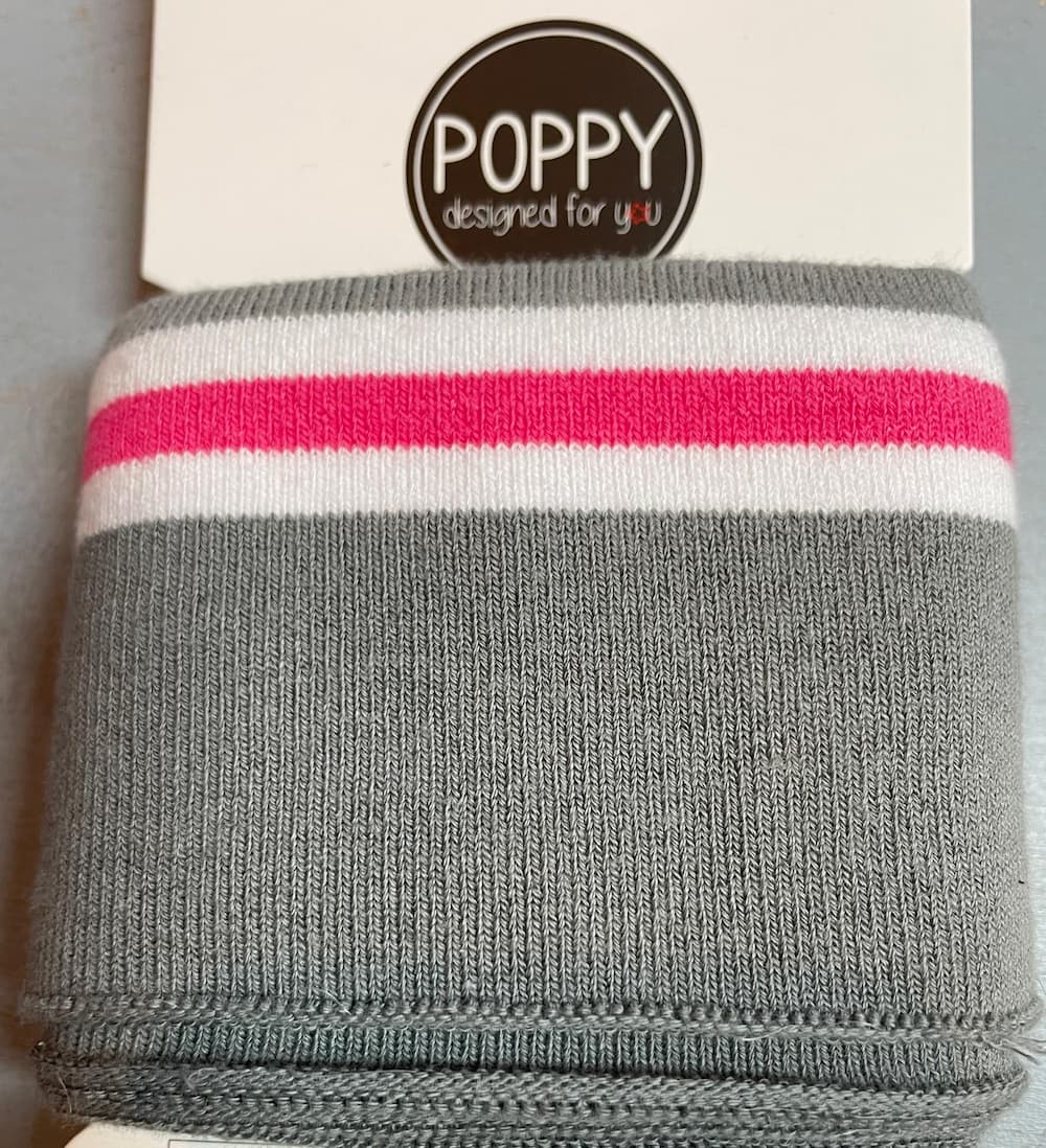 Gestreiftes College-Bündchen von Poppy in Grau mit pinken und weißen Streifen als Fertigbündchen für Ärmel- und Saumabschlüsse.