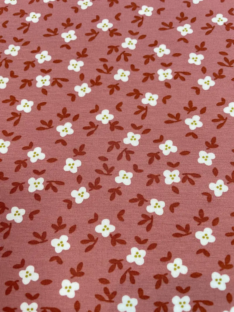 Elastischer Jersey-Stoff in Altrosa mit kleinen weißen Blüten und rostbraunen Blättern im floralen Allover-Design.