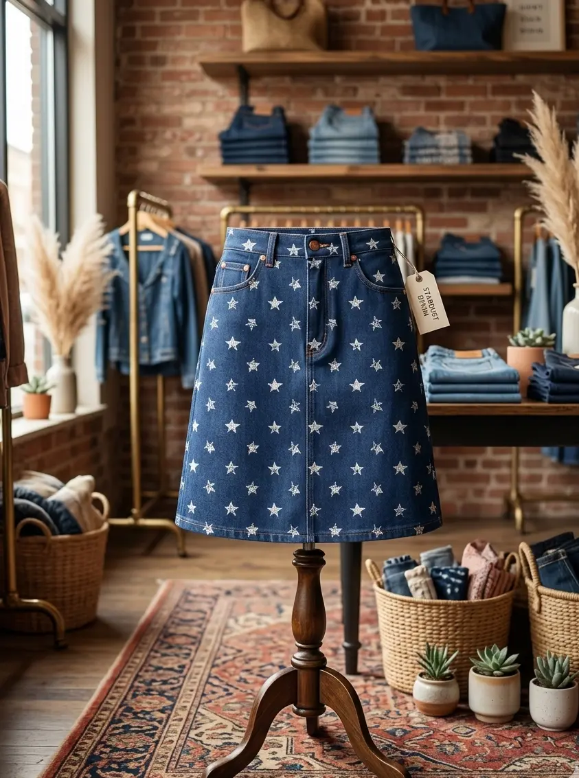 Dunkelblauer Jeansstoff mit weißem Sternenmuster als Rock verarbeitet auf einer Schneiderpuppe in einem Stoffladen
