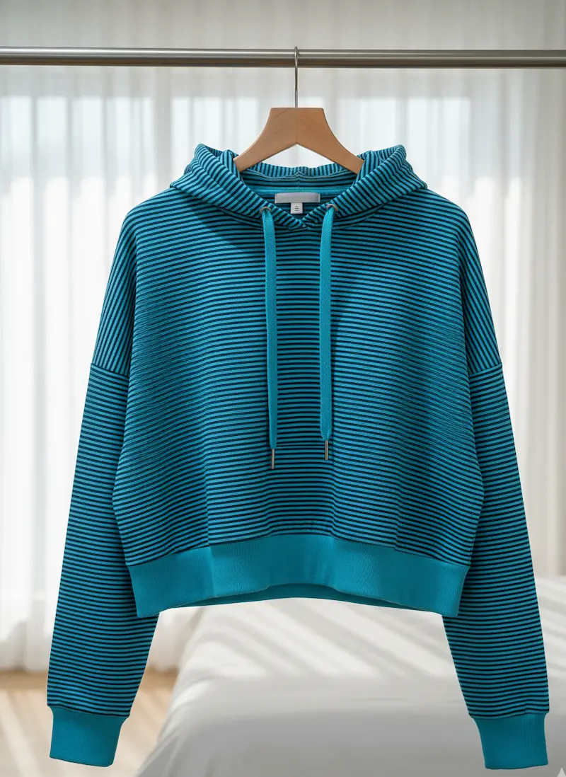 Ein lässiger Kurz-Hoodie mit Kapuze auf einem Holzbügel, genäht aus feingestreiftem Baumwolljersey in Türkis und Mittelblau; ein modernes Beispiel für bequeme Jersey-Mode.