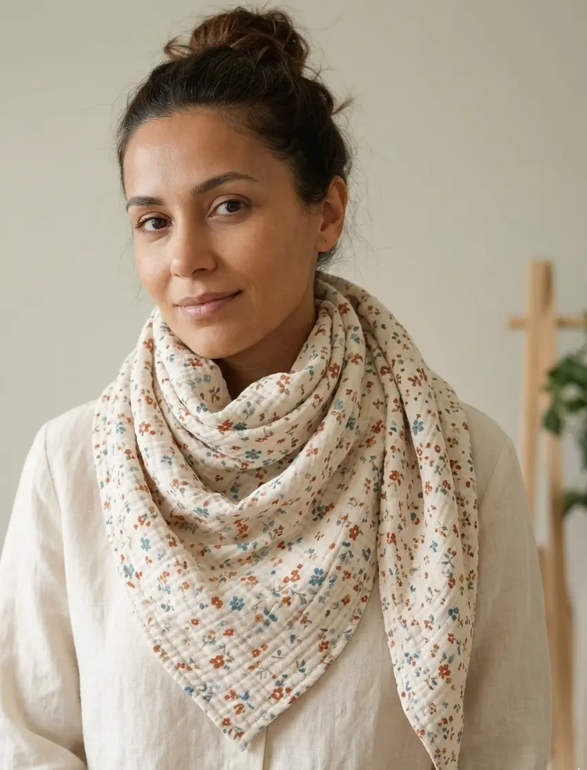 Eine Frau trägt ein großes Dreieckstuch aus cremefarbenem Musselin-Stoff mit einem feinen floralen Muster in Rost und Blau.