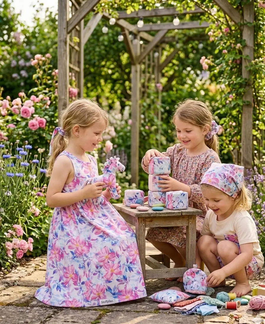Drei kleine Mädchen im Garten in selbstgenähter Kleidung aus dem floralen Jersey-Stoff „Pink Flora“, darunter ein Sommerkleid, ein Kopftuch und Stoffspielzeug von Stoffpfau.