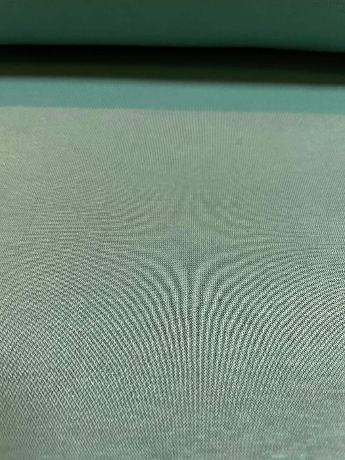 Nahaufnahme eines einfarbigen Alpenfleece-Stoffes in Eukalyptusgrün. Die glatte Jersey-Oberseite zeigt eine feine Maschenstruktur, die typisch für diesen kuscheligen, dehnbaren Sweatstoff ist.