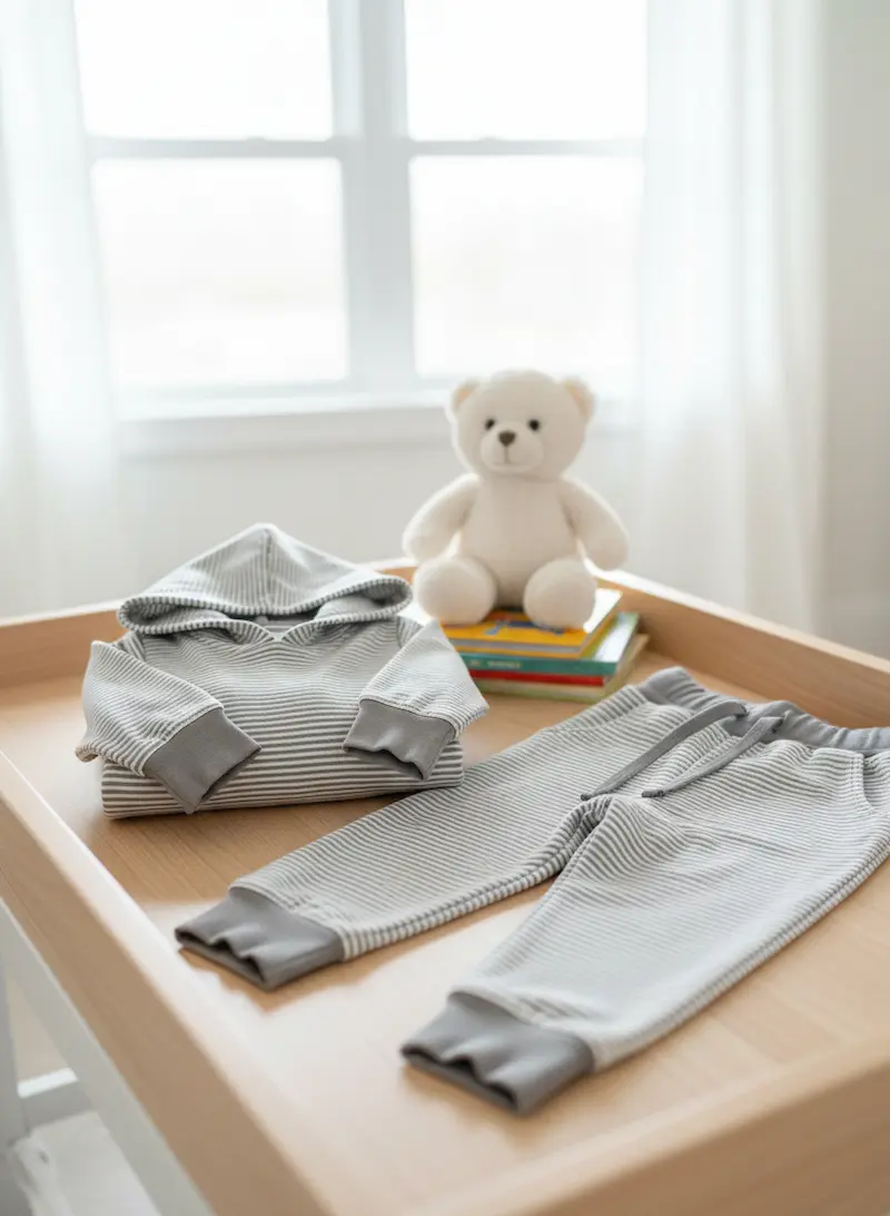 Selbstgenähtes Baby-Set aus grau-weiß gestreiftem Baumwolljersey bestehend aus Kapuzenpullover und Hose auf einem Wickeltisch.