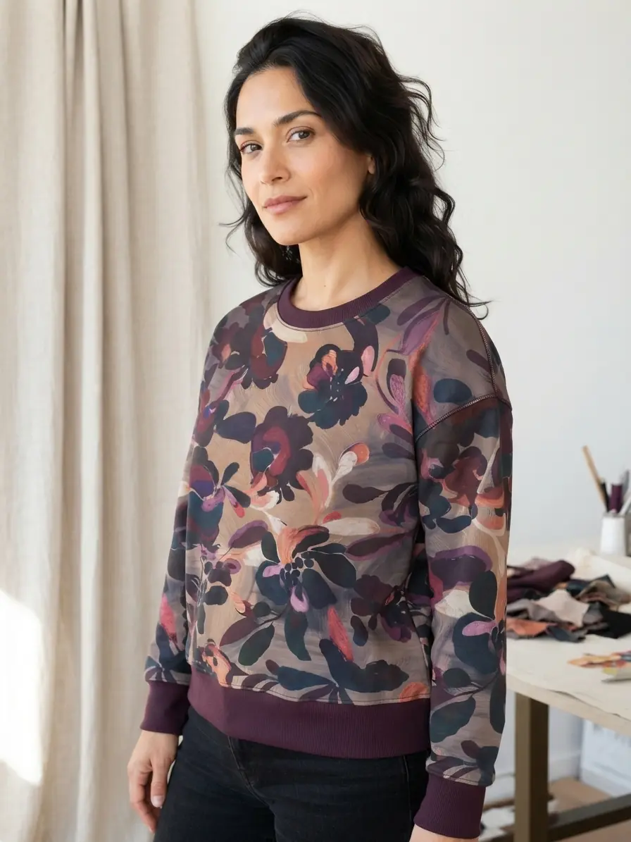 Eine Frau trägt ein selbstgenähtes Sweatshirt aus French Terry Stoff mit einem kunstvollen, floralen Pinselstrich-Muster in Pflaume und Beigebraun.