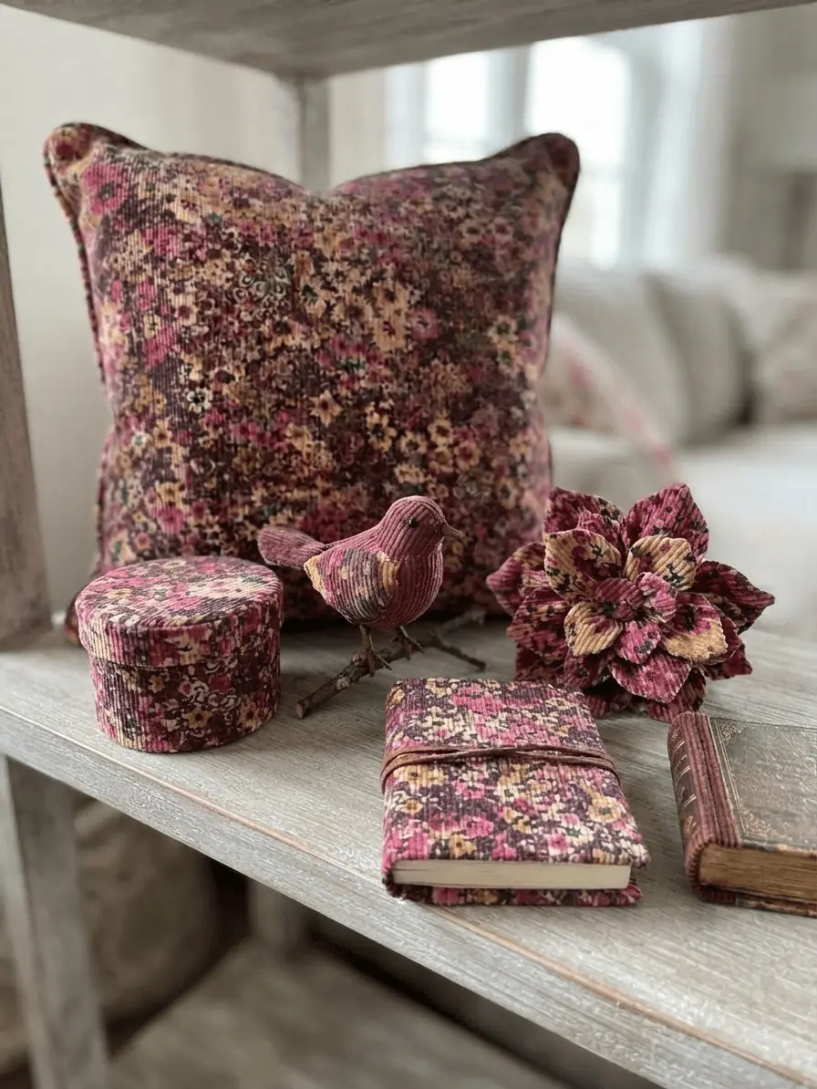 Handgemachte Wohnaccessoires und Dekoration aus rosa-gemustertem Feincord auf einem Holzregal, bestehend aus einem Deko-Kissen, einer runden Schachtel, einem genähten Stoffvogel und einer Stoffblume.