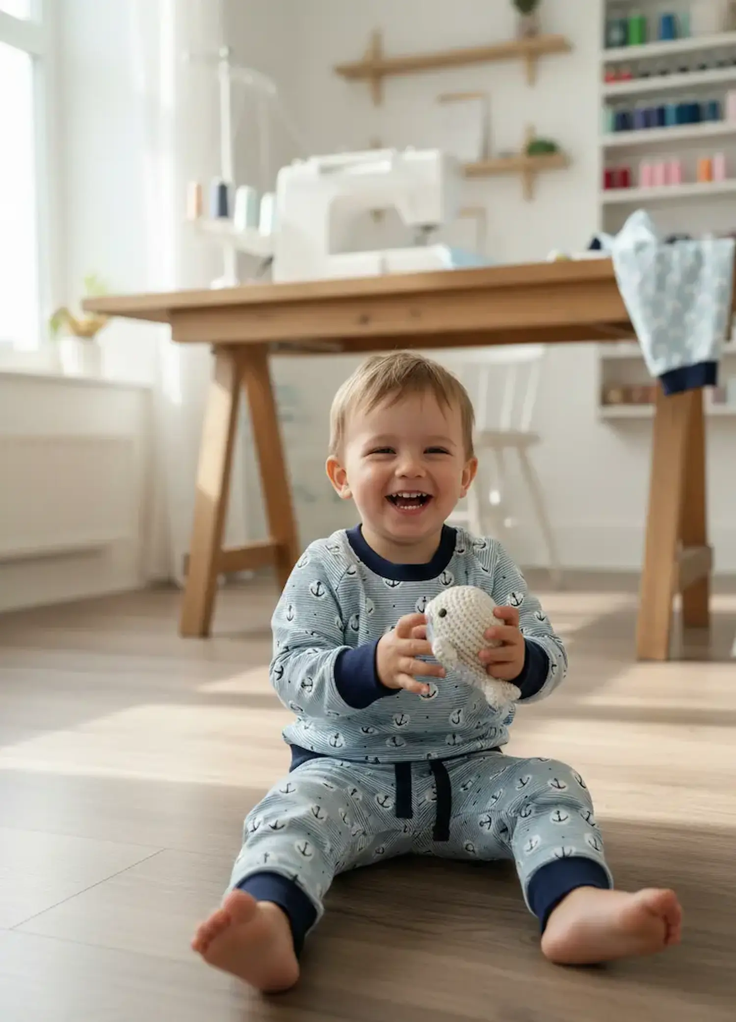 Ein lachendes Kleinkind sitzt auf dem Boden eines hellen Nähzimmers und trägt einen Zweiteiler aus hellblau gestreiftem Jerseystoff mit Ankermotiv und dunkelblauen Bündchen.