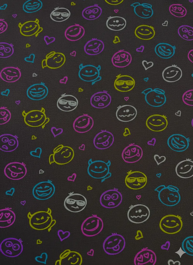 Hochwertiger Baumwolljersey als Meterware in Anthrazit / Dunkelgrau, bedruckt mit einem bunten Allover-Muster aus Emoji-Gesichtern. Die Smileys zeigen verschiedene Ausdrücke und sind in den Neonfarben Limettengrün, Türkis, Lila und Pink sowie Weiß als fei
