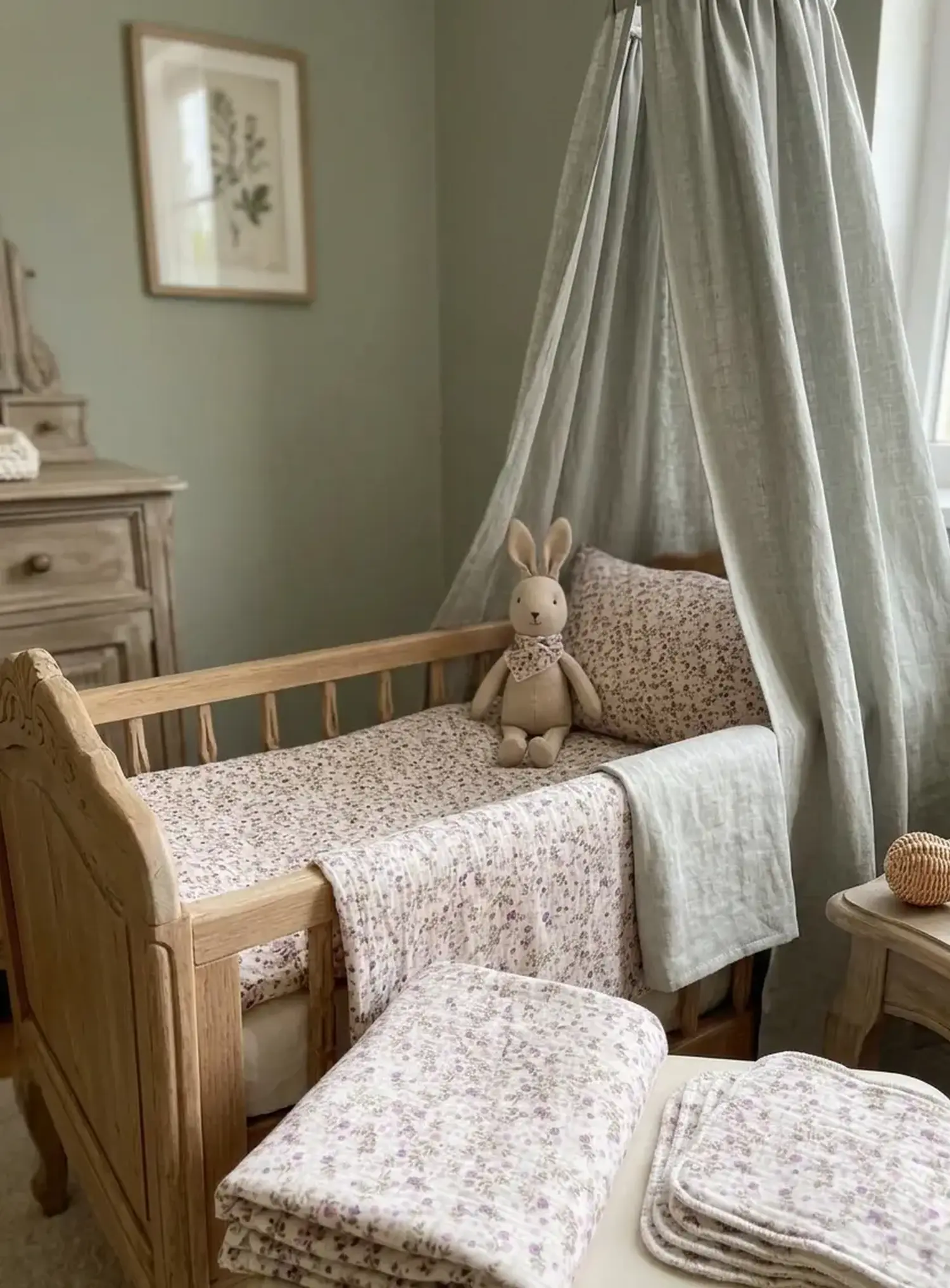 Rustikales Holz-Kinderbett mit Betthimmel, ausgestattet mit Bettwäsche aus Musselin-Stoff mit lila Streublumen-Muster, dazu ein passender Stoffhase und gestapelte Musselin-Tücher.