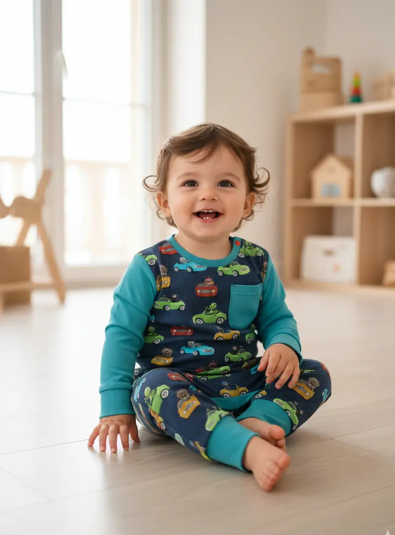 Ein lachendes Kleinkind sitzt auf einem hellen Holzboden und trägt ein Set aus Hose und Oberteil, gefertigt aus dunkelblauem Baumwolljersey mit bunten Auto-Motiven. Die Ärmel und Bündchen sind in kontrastierendem Türkis abgesetzt. Im Hintergrund ist ein h