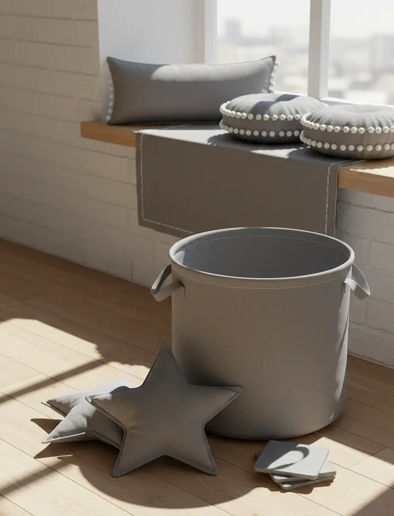 Moderne Kinderzimmer-Dekoration aus unifarbenem grauem Baumwoll-Popeline Stoff, bestehend aus einem großen Stoffkorb mit Henkeln, Sternenkissen, runden Kissen mit Pompon-Borte und einem Tischläufer auf einer Fensterbank.