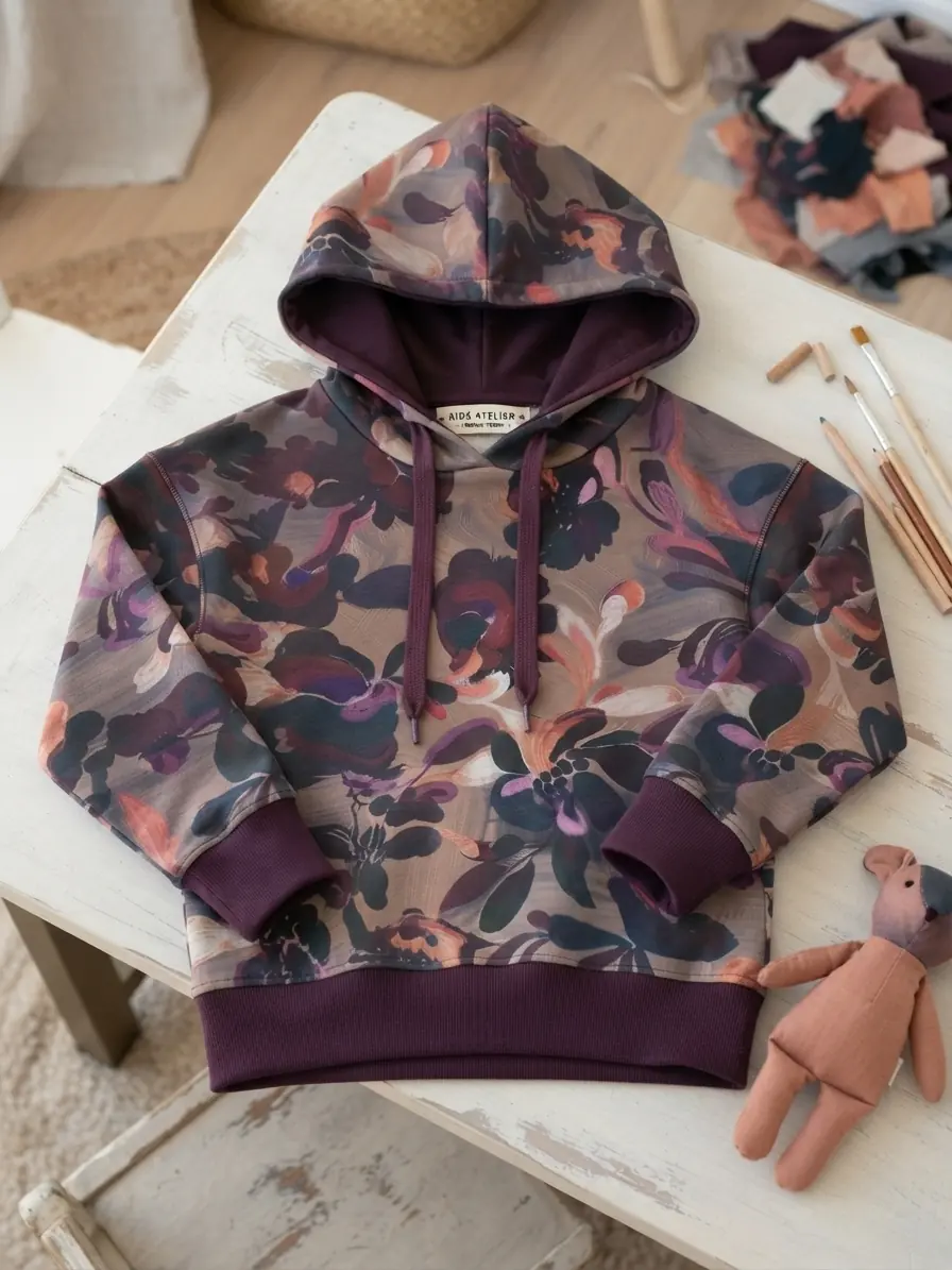 Selbstgenähter Kinder-Hoodie aus French Terry "Malerblüte" mit floralem Pinselstrich-Muster, Bündchen in Pflaume und Malutensilien im Hintergrund.