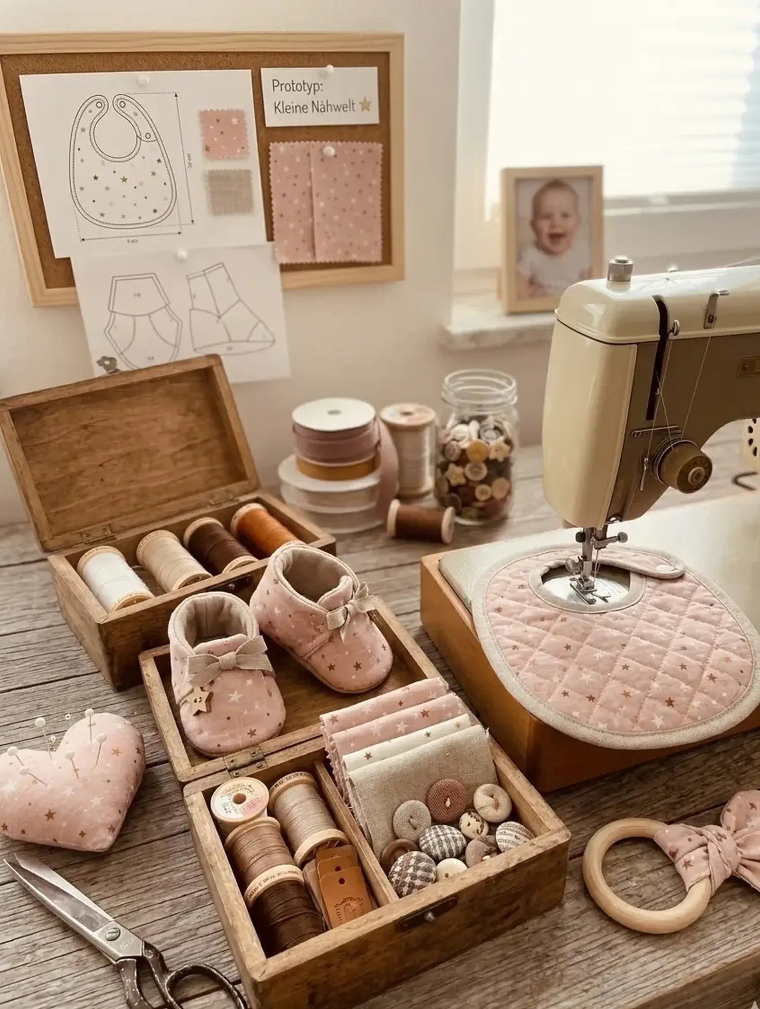 Kreativer Arbeitsplatz mit einer Nähmaschine und genähten Baby-Accessoires wie Lätzchen und Schuhen aus apricotfarbener Kochbaumwolle mit Sternenmuster, dazu Nähzubehör in Holzkisten.