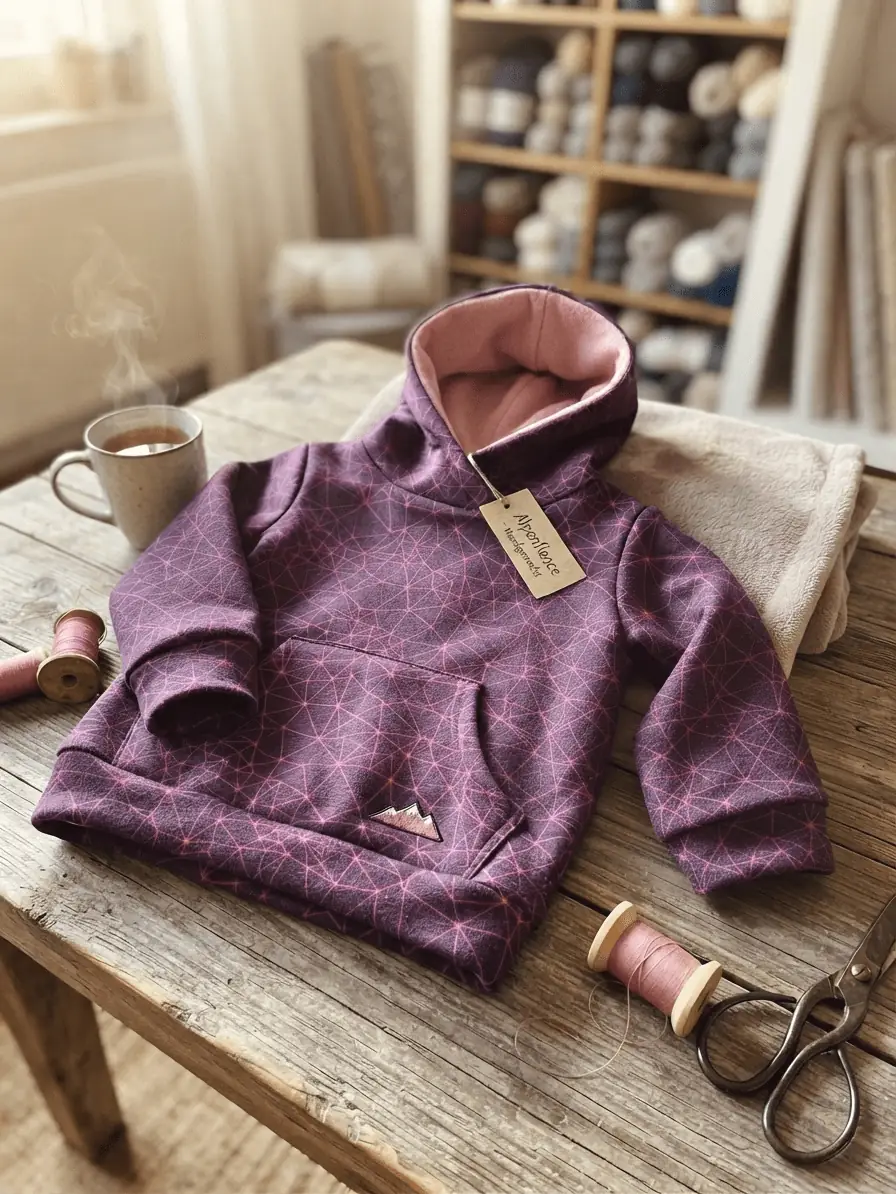 Ein handgemachter Kinder-Hoodie aus gemustertem Alpenfleece in Beere/Pink liegt auf einem Holztisch, dekoriert mit Nähutensilien und einer Kaffeetasse.
