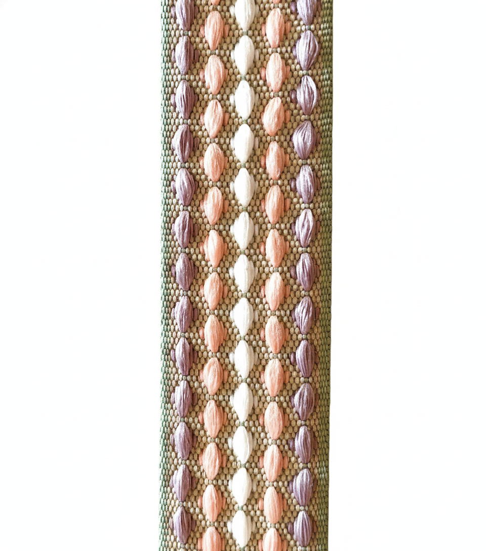 Gurtband 38mm Webmuster(salbeigrün, altrosa, flieder, cremeweiss) Gurtband 38mm Webmuster(salbeigrün, altrosa, flieder, cremeweiss)