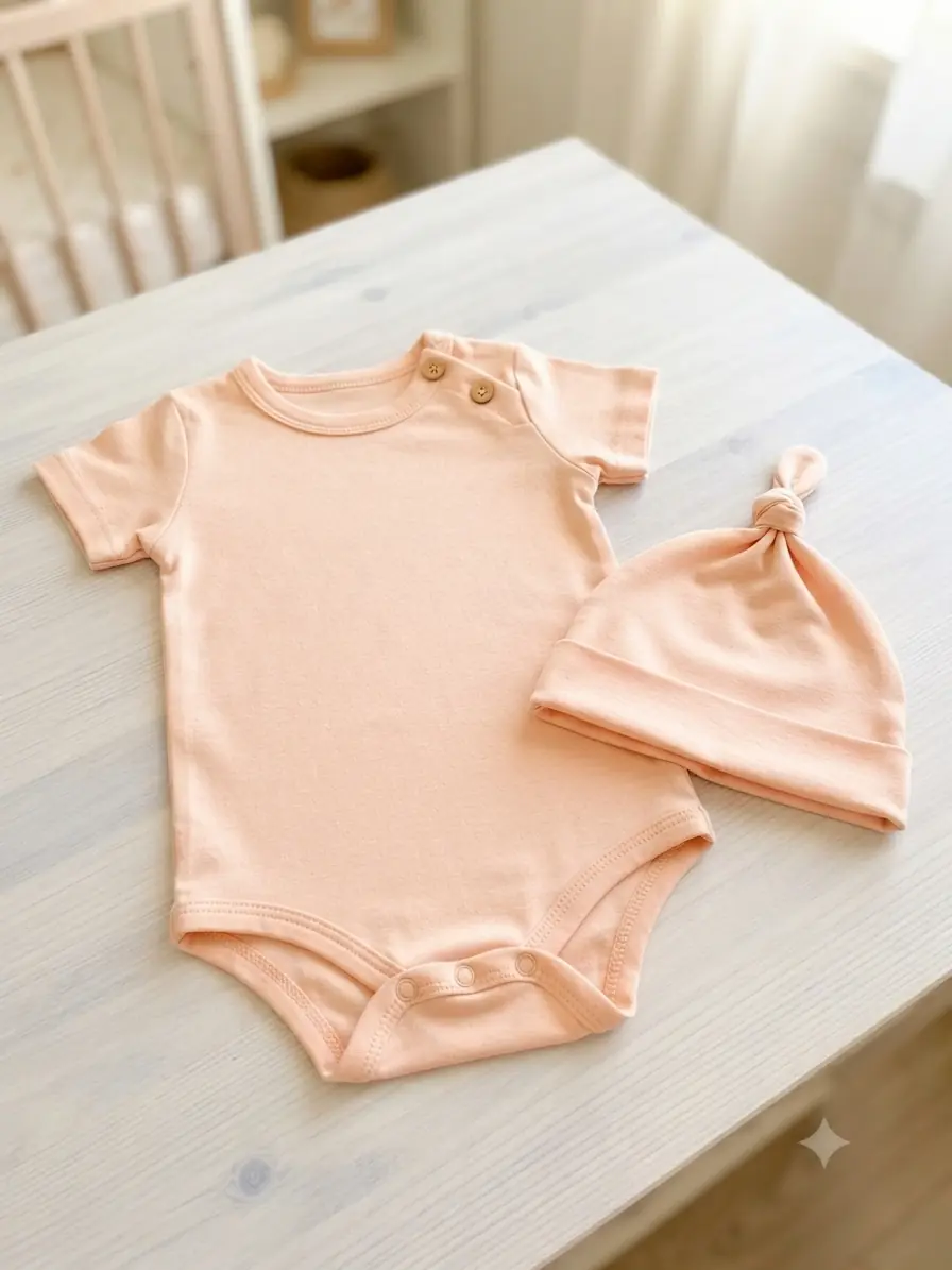 Set aus Baby-Body und Mütze, genäht aus weichem, uni apricotfarbenem Baumwolljersey, auf einem hellen Holztisch präsentiert.