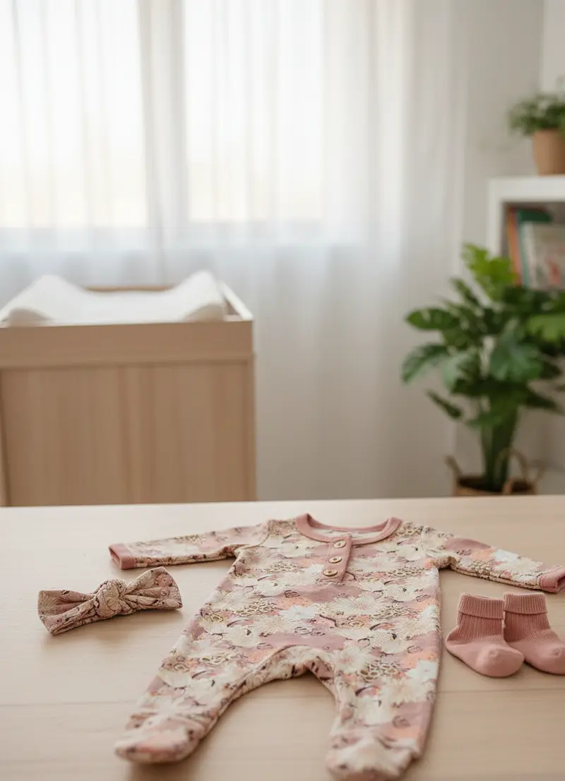 Ein liebevoll gestaltetes Nähbeispiel für Babys auf einem hellen Holztisch im Kinderzimmer: Ein langärmeliger Strampler mit Knopfleiste und integrierten Füßchen, genäht aus dem altrosafarbenen Jersey-Stoff mit Blumen- und Schmetterlingsmuster. Daneben lie