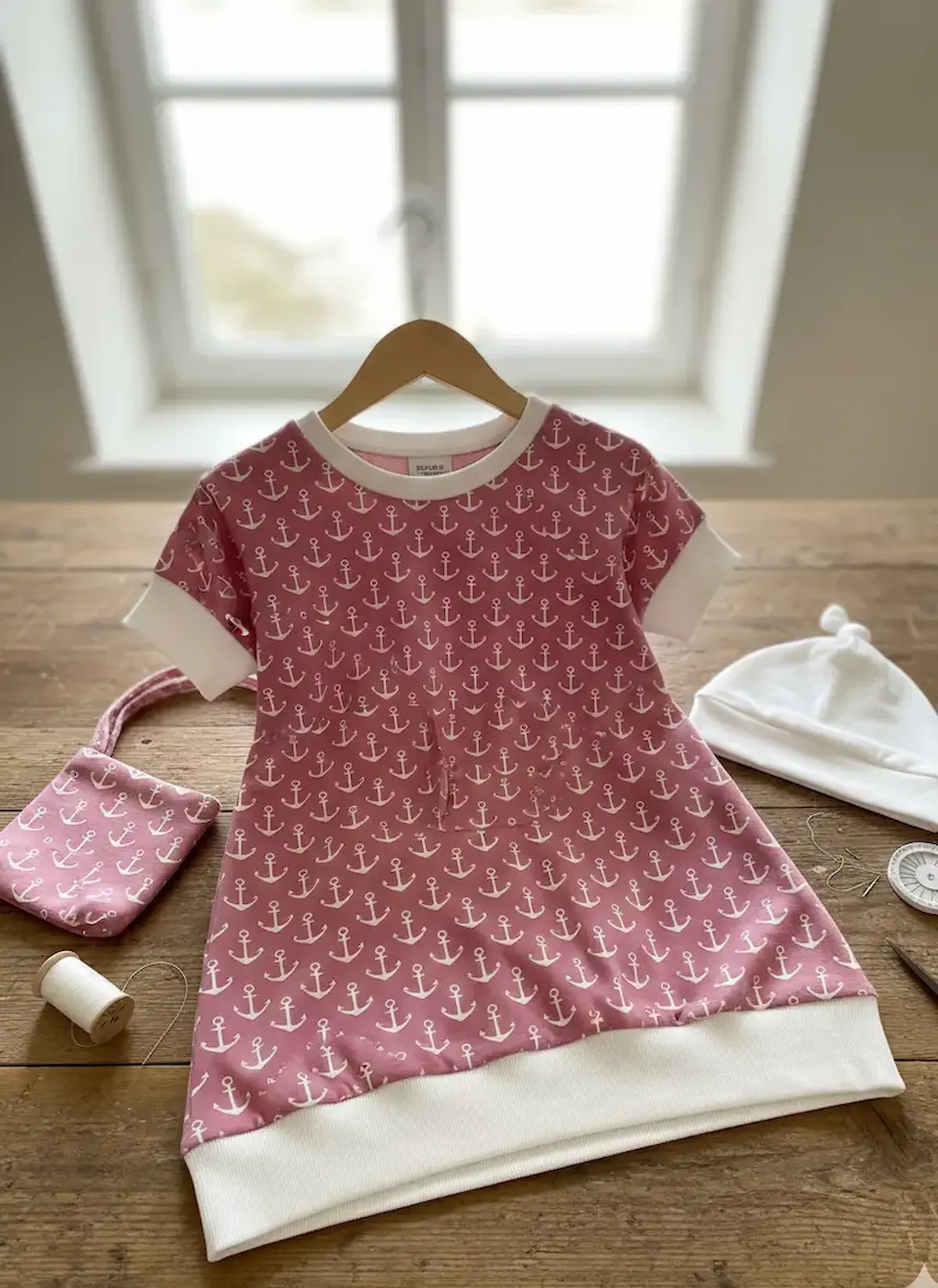 Flach liegendes Kinderkleid mit Anker-Print in Altrosa, kombiniert mit weißer Mütze und kleiner Tasche auf rustikalem Holztisch.