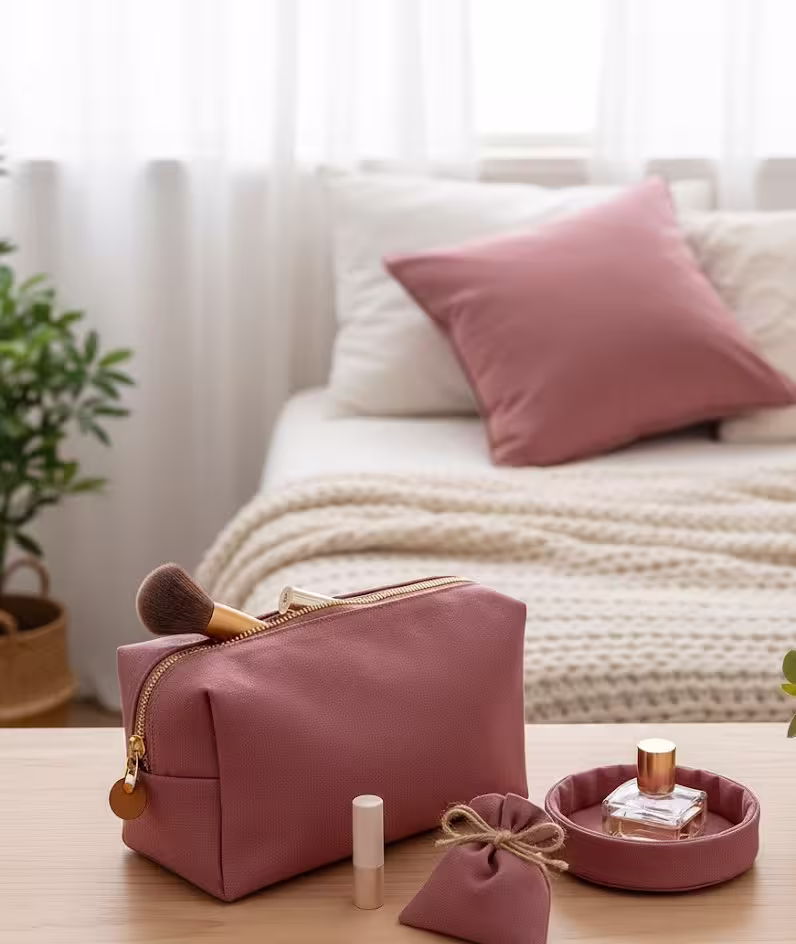 Einfarbiger Baumwollstoff Webware in Altrosa, präsentiert als fertig genähte Kosmetiktasche und passendes Dekokissen in einem hellen Schlafzimmer-Ambiente.