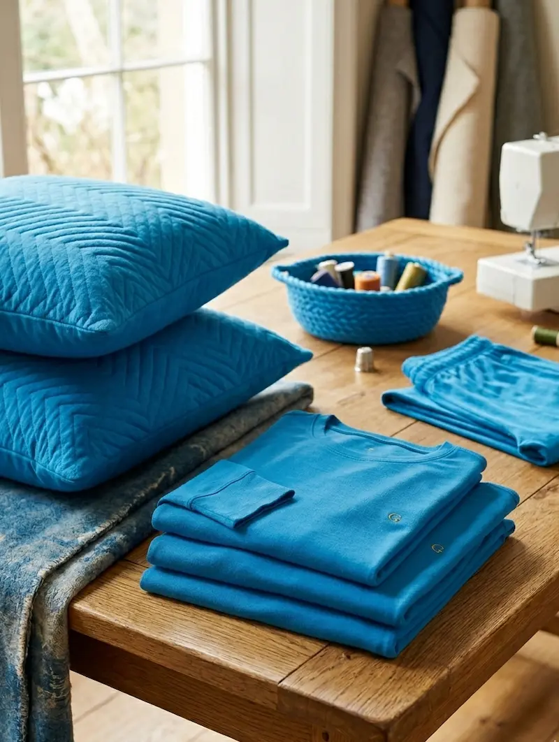 Azurblauer Baumwolljersey Stoff verarbeitet zu Kissen mit Fischgrätmuster und gefalteter Kleidung auf einem Holztisch im Nähatelier.