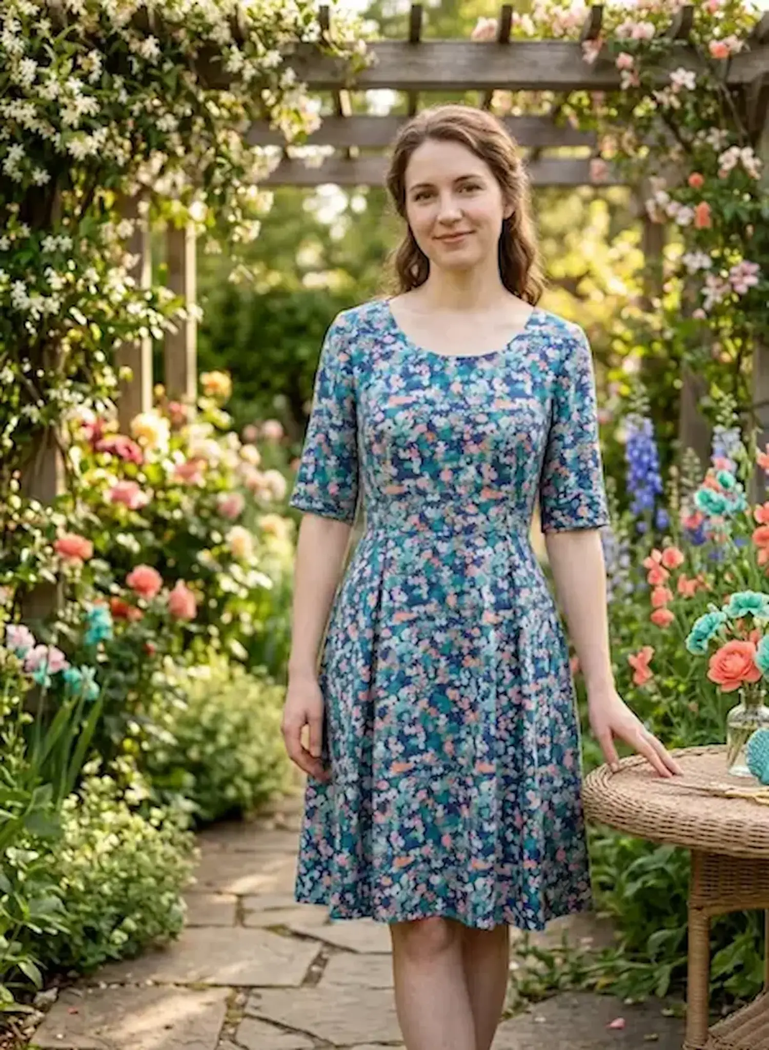 Frau im Garten trägt ein knielanges Kleid aus fließendem Viskosestoff mit buntem Blumenmuster in Blau, Rosa und Türkis.
