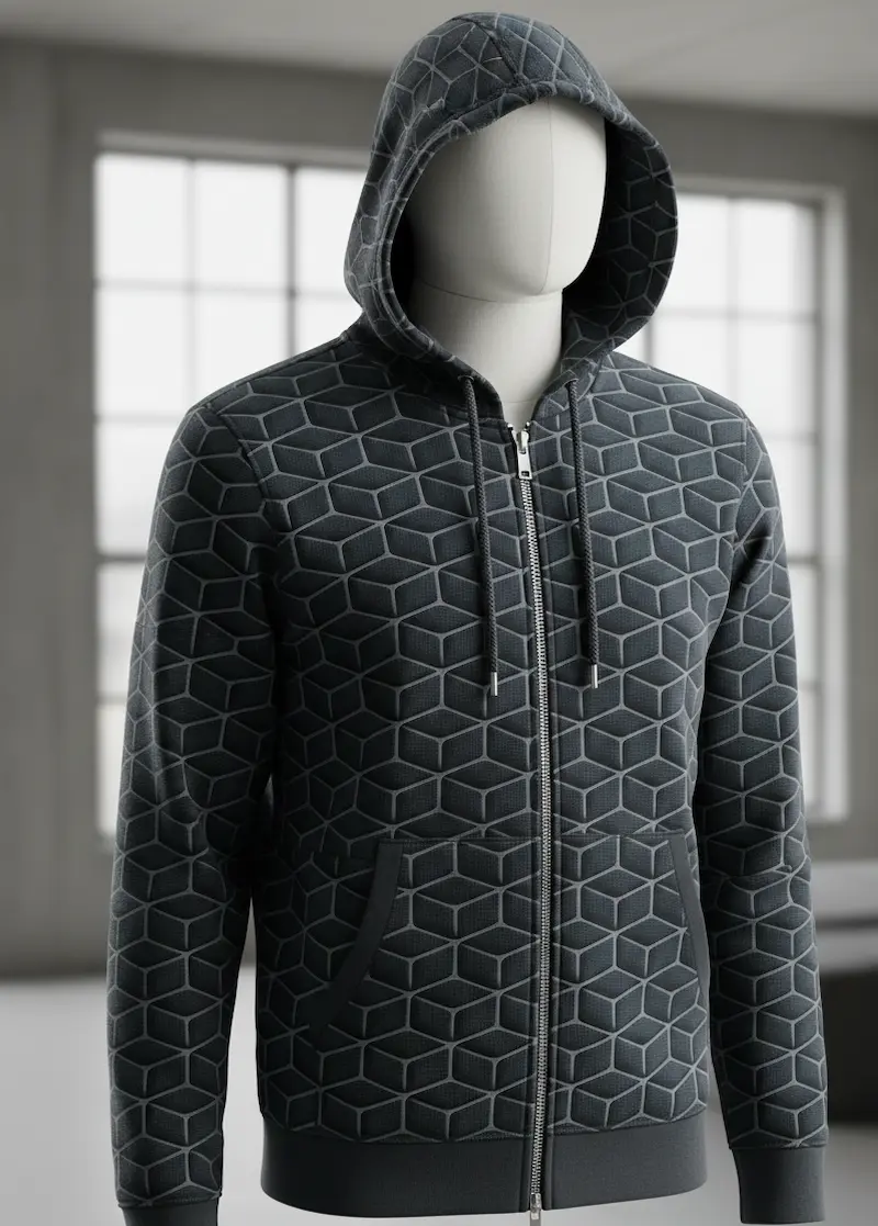 Eine anthrazitfarbene Herren-Kapuzenjacke mit Reißverschluss auf einer Schneiderpuppe. Der French Terry Stoff zeigt ein markantes, hellgraues 3D-Wabenmuster. Die Jacke verfügt über eine Kapuze mit Kordelzug, Kängurutaschen und farblich abgestimmte Rippbün