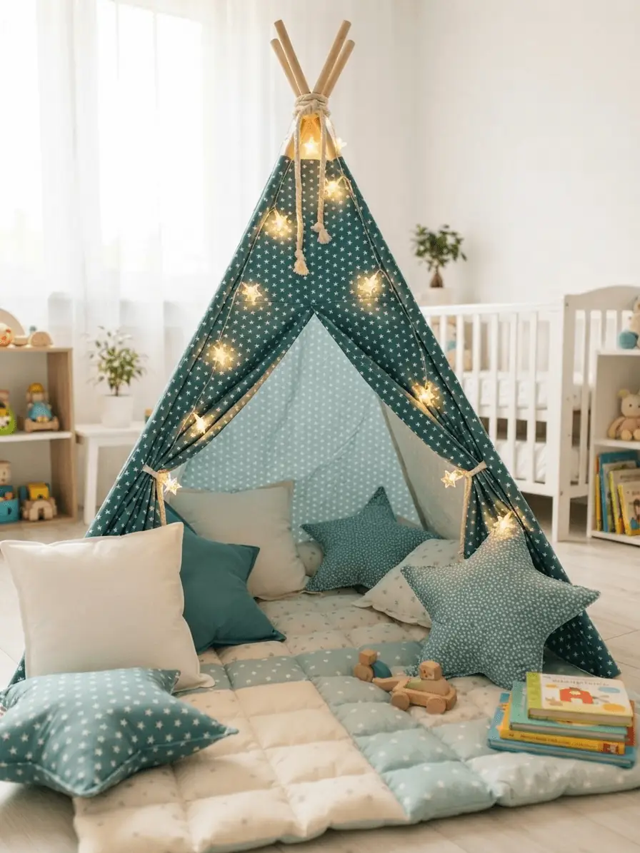 Ein gemütliches Kinder-Tipi-Spielzelt und Kissen aus petrolfarbenem Baumwoll-Webware-Stoff mit weißem Sternenmuster, aufgebaut in einem hellen Kinderzimmer mit Lichterkette.