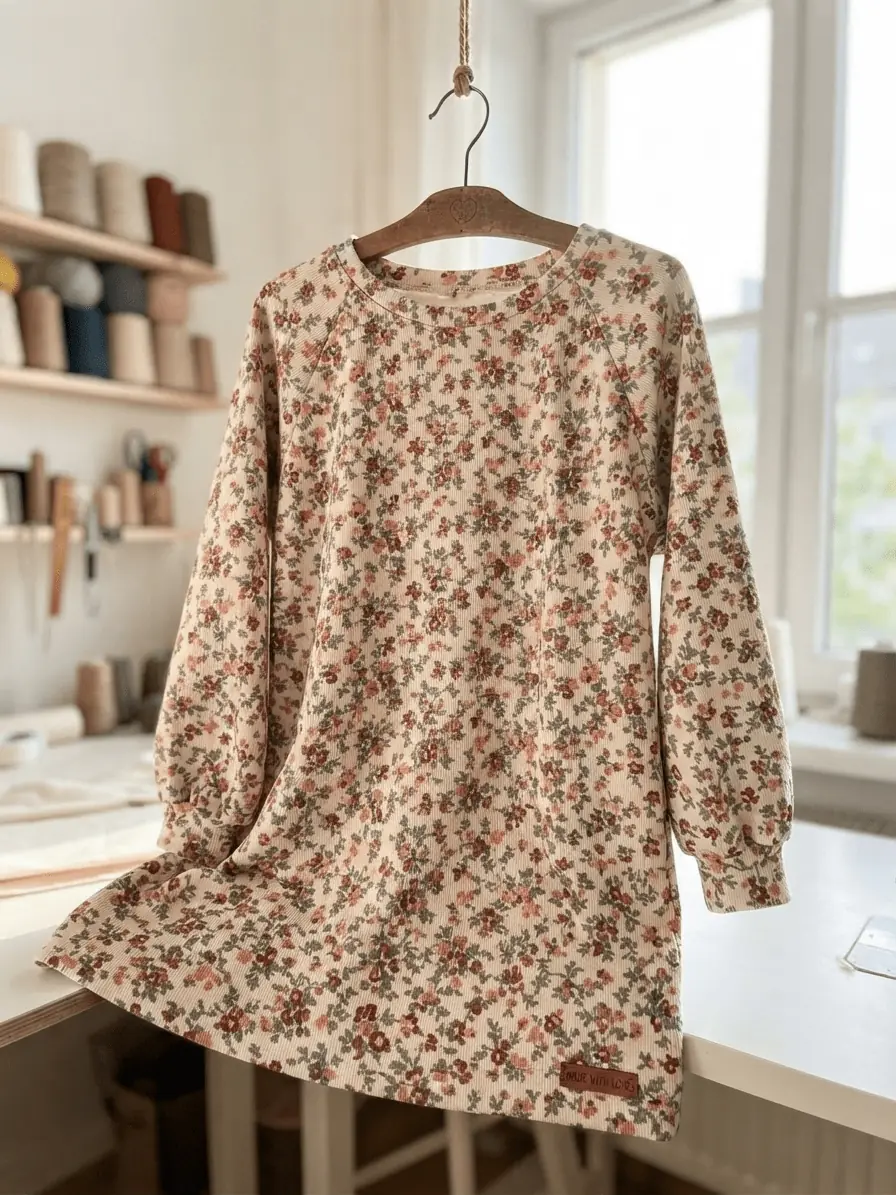 Langärmeliges Damenkleid aus French Terry mit filigranem Blumenmuster in Rostrot und Grün, aufgehängt in einem hellen Nähstudio