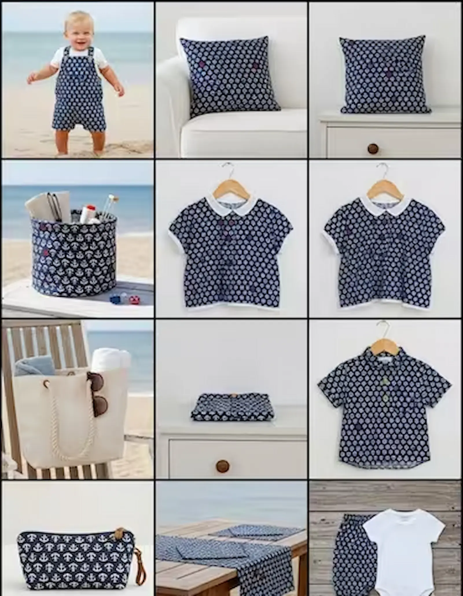 Eine Bilder-Collage mit verschiedenen Designbeispielen aus dunkelblauem Baumwollstoff (Popeline) mit maritimen Mustern wie Ankern und Steuerrädern. Zu sehen sind ein Baby-Latzhose am Strand, dekorative Kissen auf einem Sofa, Kinder-Blusen und Hemden auf K