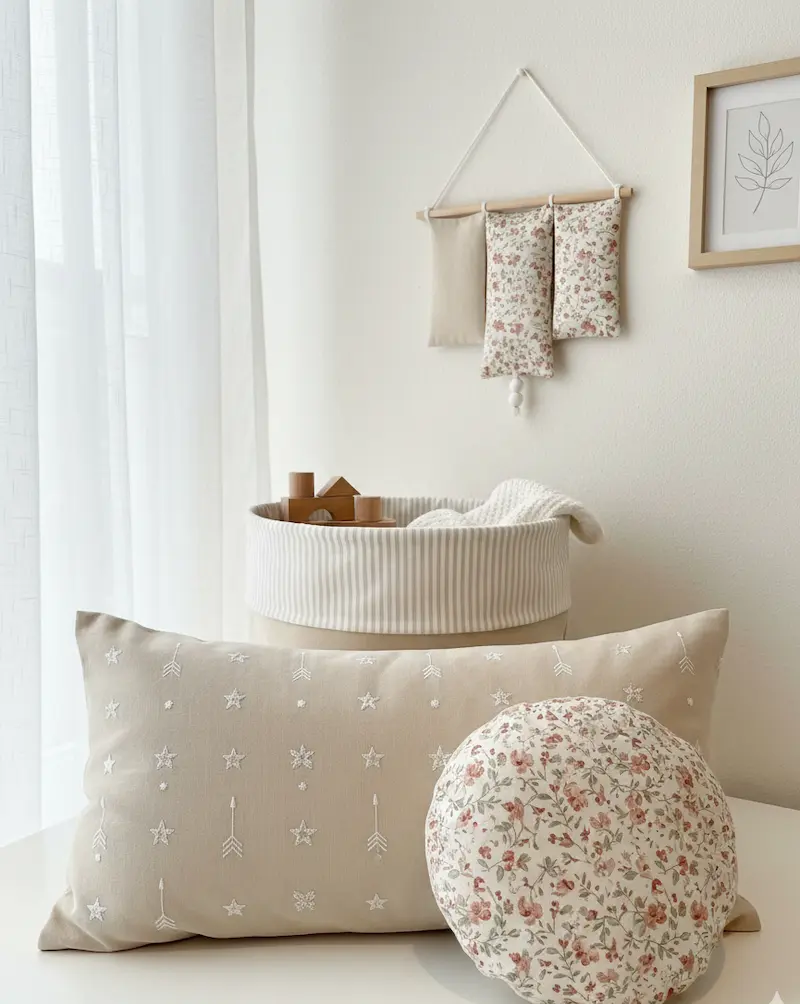 Beige Baumwoll-Popeline als Meterware, verarbeitet zu stilvoller Babyzimmer-Dekoration. Das Designbeispiel zeigt Kissen mit Stickereien, ein gestreiftes Utensilo und einen Wandbehang im harmonischen Boho-Look. Perfekter Basisstoff für Heimtextilien.
