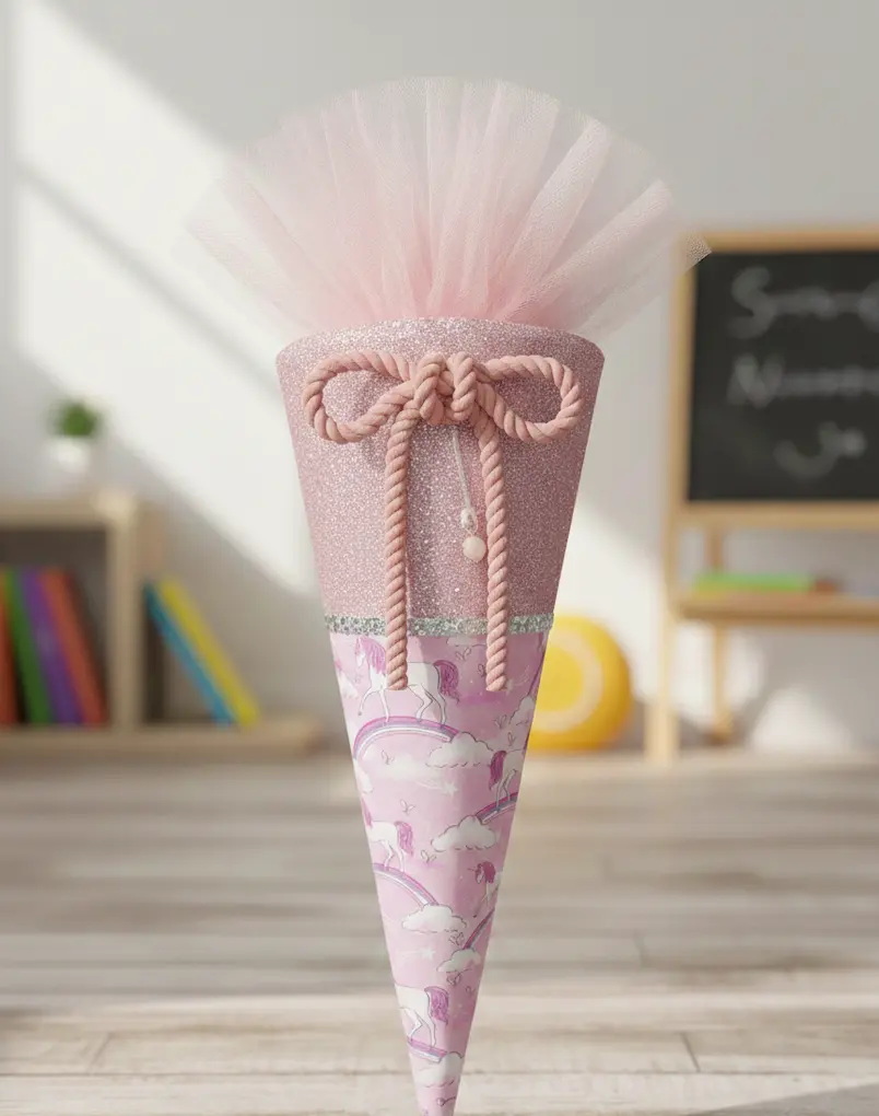 Eine selbstgenähte Schultüte aus rosa Baumwoll-Webware mit Einhorn-Motiven, kombiniert mit einem glitzernden Stoffoberteil, einer Kordelschleife und Tüll-Verschluss im Klassenzimmer.