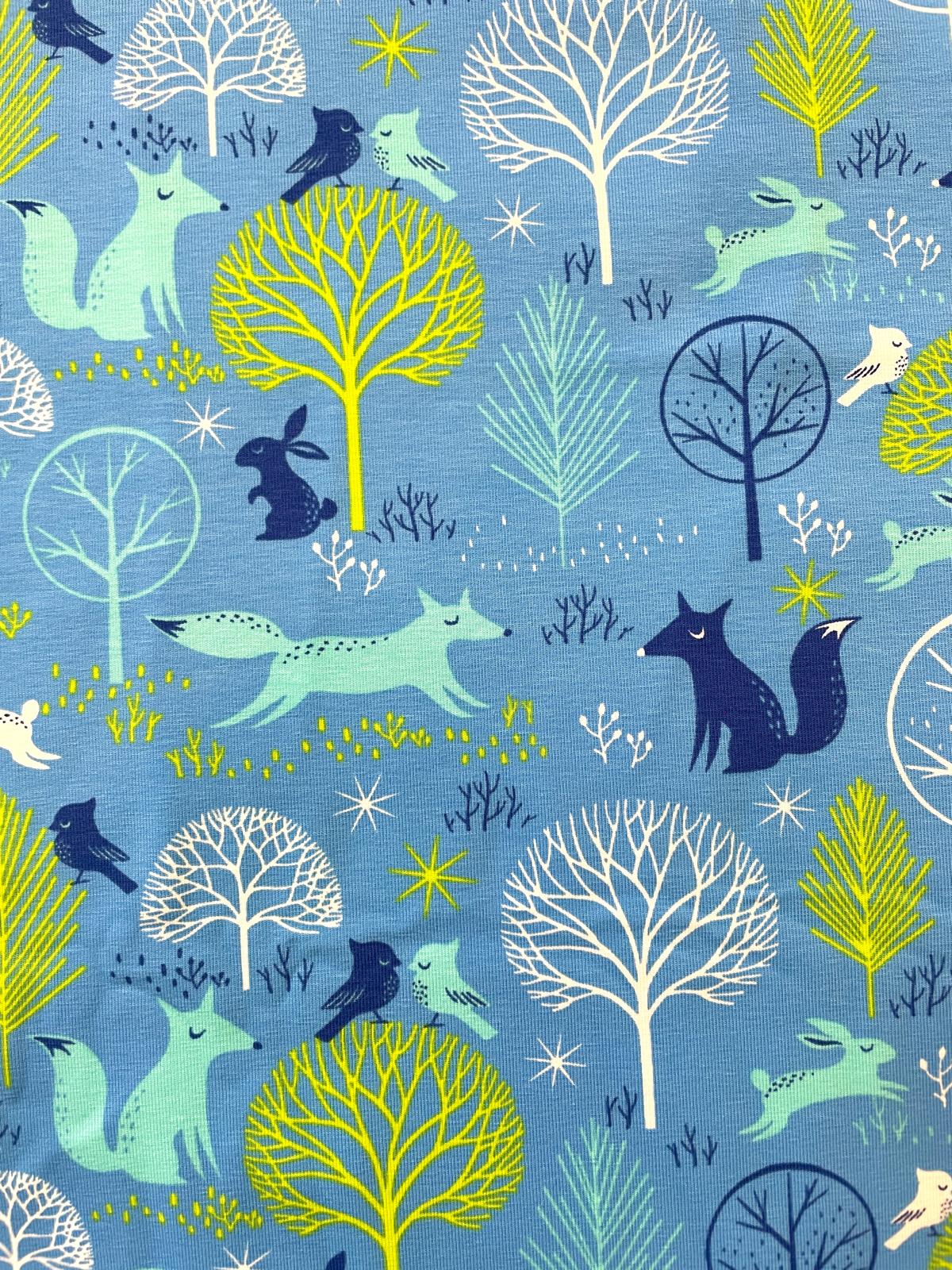 „Skandinavischer Winterwald“ – Baumwoll-Jersey Tiere/Wald türkis „Skandinavischer Winterwald“ – Baumwoll-Jersey Tiere/Wald türkis