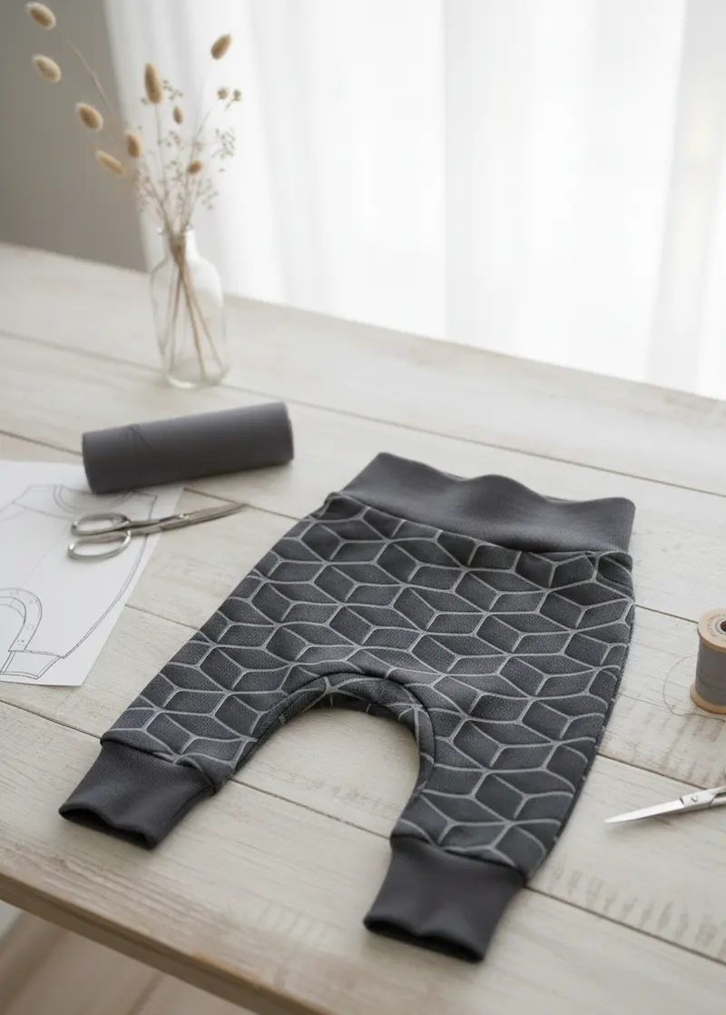 Eine fertig genähte Baby-Pumphose aus anthrazitfarbenem French Terry mit einem hellgrauen 3D-Wabenmuster. Die Hose liegt auf einem hellen Holztisch neben Nähutensilien wie Schere, Garnrolle und einem Schnittmuster. Die Bündchen an Bauch und Beinen sind in
