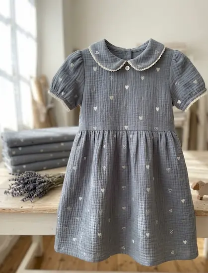 Ein graues Kinderkleid aus Musselin mit kleinen weißen Herzen und Spitzenkragen auf einem Holztisch; im Hintergrund gestapelte Stoffballen.