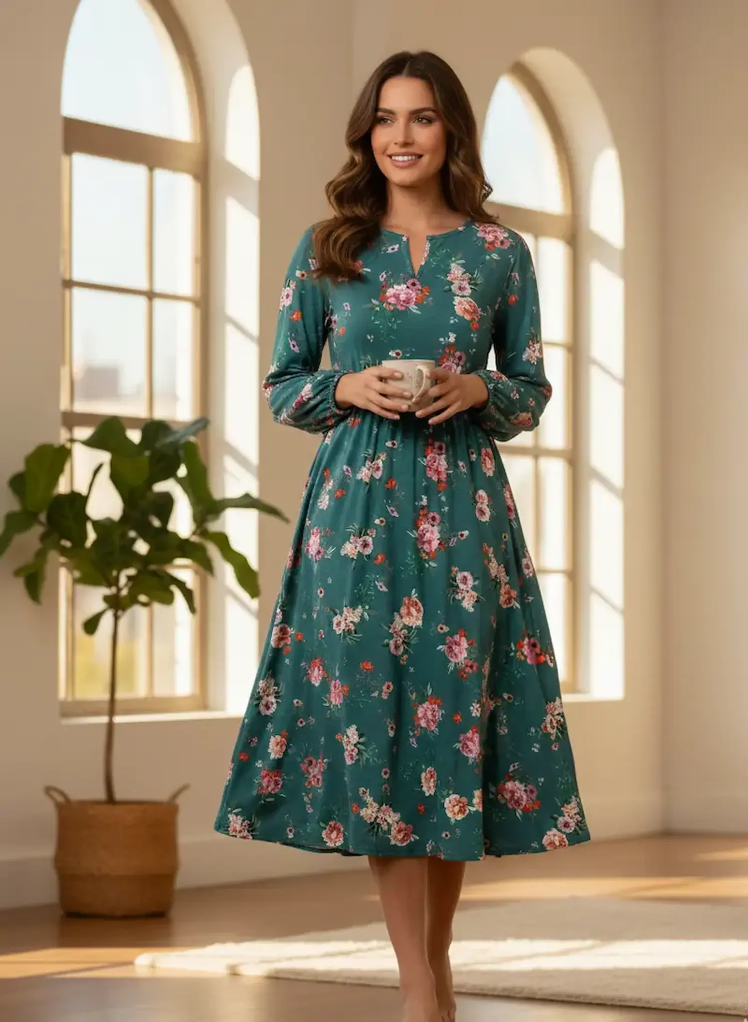 Designbeispiel für floralen Jersey-Stoff: Eine Frau steht in einem lichtdurchfluteten Raum mit großen Rundbogenfenstern und präsentiert ein selbstgenähtes, langärmeliges Midi-Kleid aus dunkelgrünem Baumwolljersey mit Pfingstrosen-Muster.