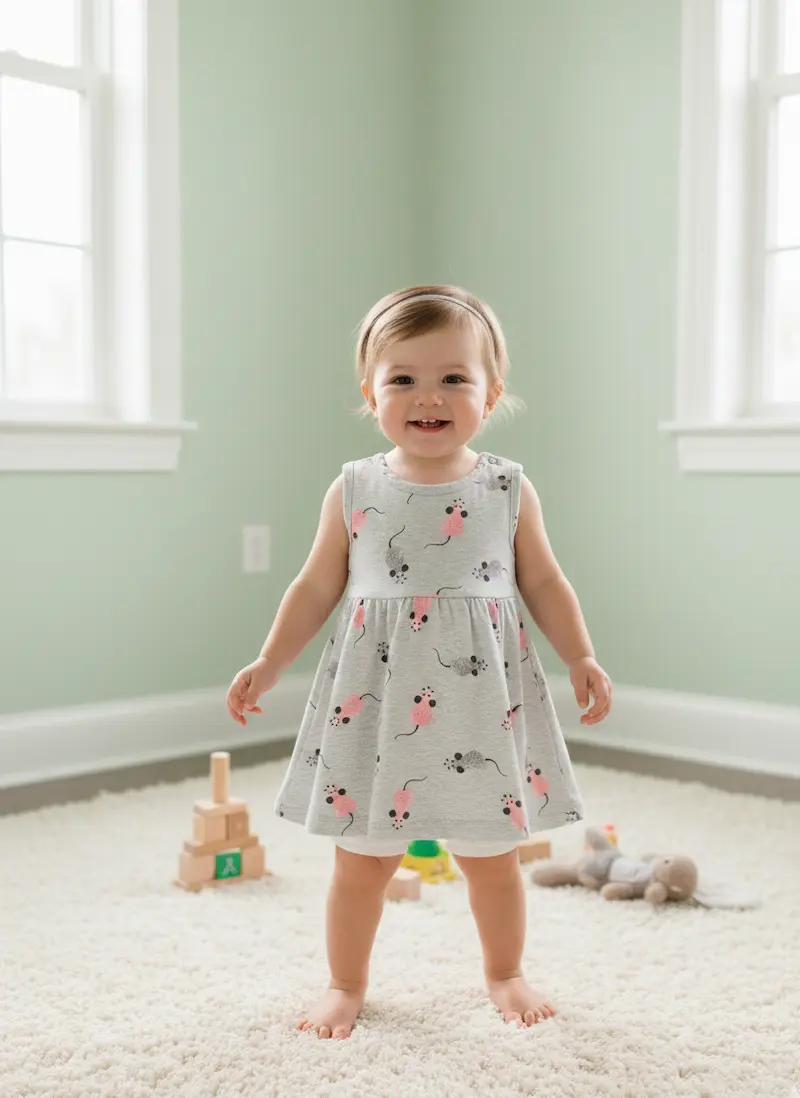 Niedlicher Baumwolljersey als Meterware: Grauer Melange-Stoff bedruckt mit kleinen rosa und dunkelgrauen Mäusen, verarbeitet zu einem Kinderkleid. Ideal für weiche Baby- und Kinderkleidung.