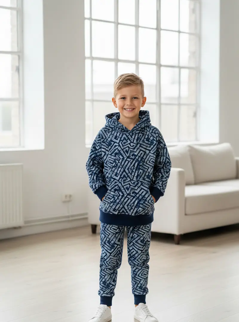 Kind trägt ein Set aus Hoodie und Jogginghose aus blauem French Terry mit geometrischem Muster – idealer Stoff für Kinderkleidung.
