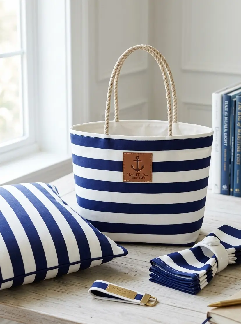 Maritim blau-weiß gestreifter Baumwoll-Popeline Stoff, verarbeitet zu einer Tasche, einem Kissen und Servietten auf einem hellen Holztisch.