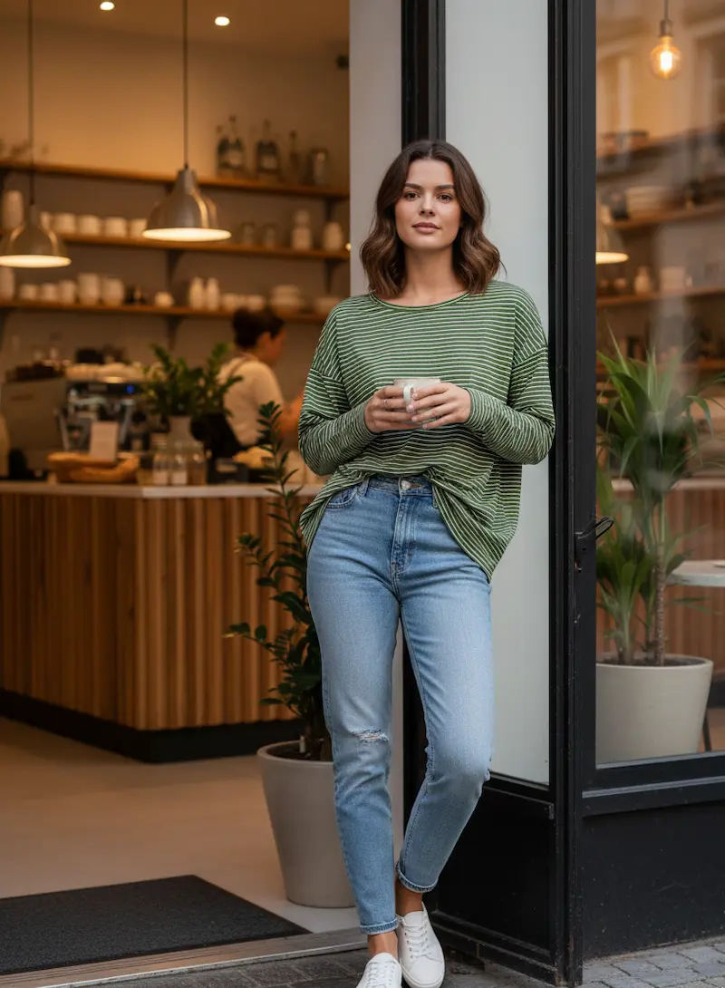 Eine junge Frau steht im Eingang eines Cafés und trägt ein weites Oversized-Langarmshirt aus salbeigrunem Baumwolljersey mit feinen weißen Querstreifen zur Jeans