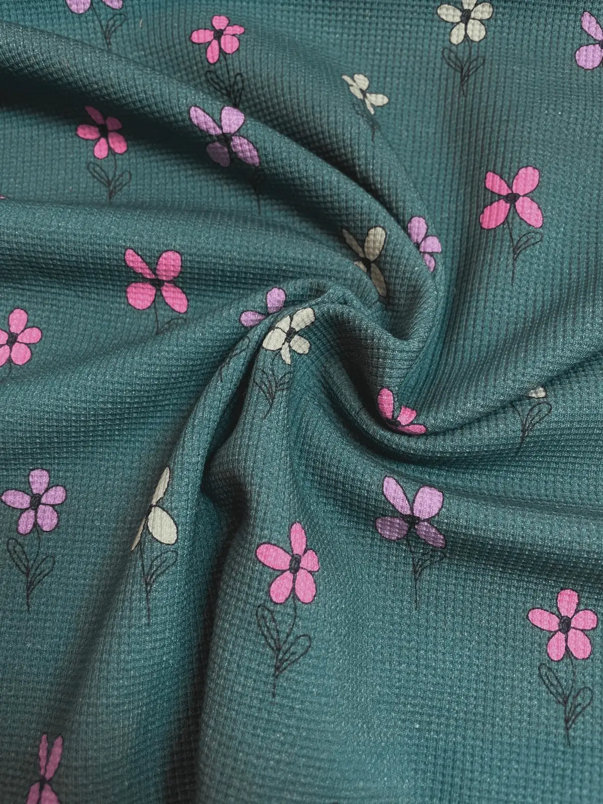 Waffel-Jersey Stoff petrol / bunte Blumen Waffel-Jersey Stoff petrol / bunte Blumen