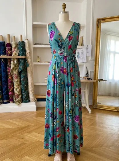 Hochwertige Viskose-Meterware mit detailreichem Digitaldruck. Florales Muster mit bunten Blumen auf petrolfarbenem Grund, präsentiert als eleganter Jumpsuit auf einer Schneiderpuppe.