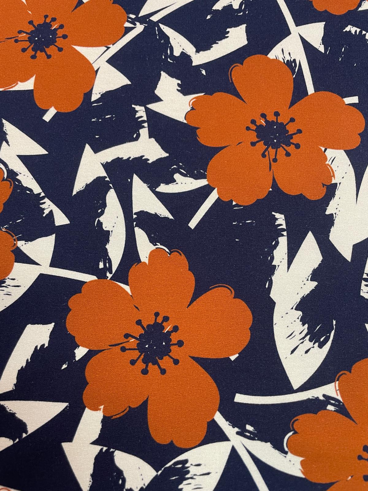 French Terry dunkelblau / rost mit Blumen