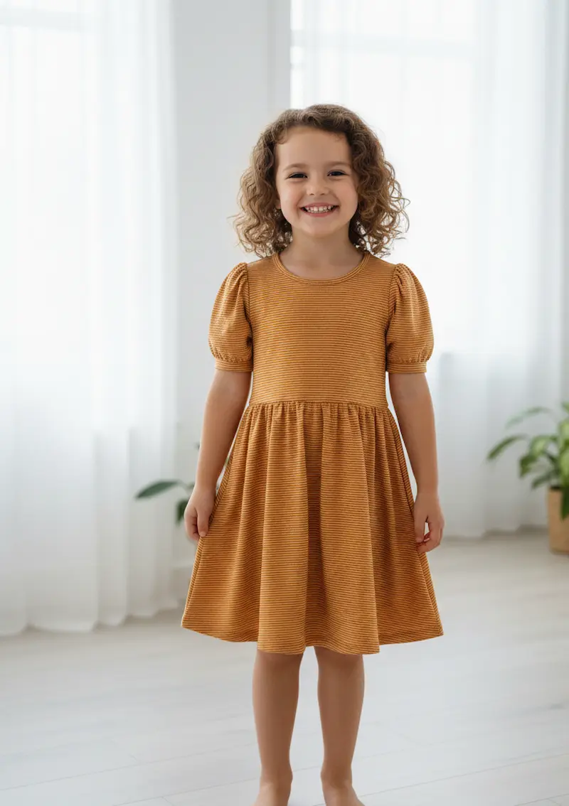 Ein kleines Mädchen lächelt in einem hübschen Kleid mit Puffärmeln, genäht aus feingestreiftem Baumwolljersey in Terracotta und Creme; perfekter Stoff für Kinderbekleidung.
