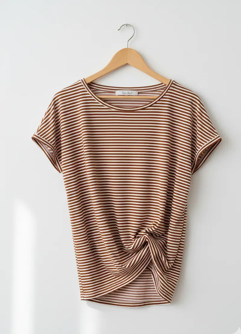 Ein auf einem Holzbügel hängendes Damen-T-Shirt mit modischem Knotendetail, gefertigt aus rostbraun-weiß gestreiftem Baumwolljersey.
