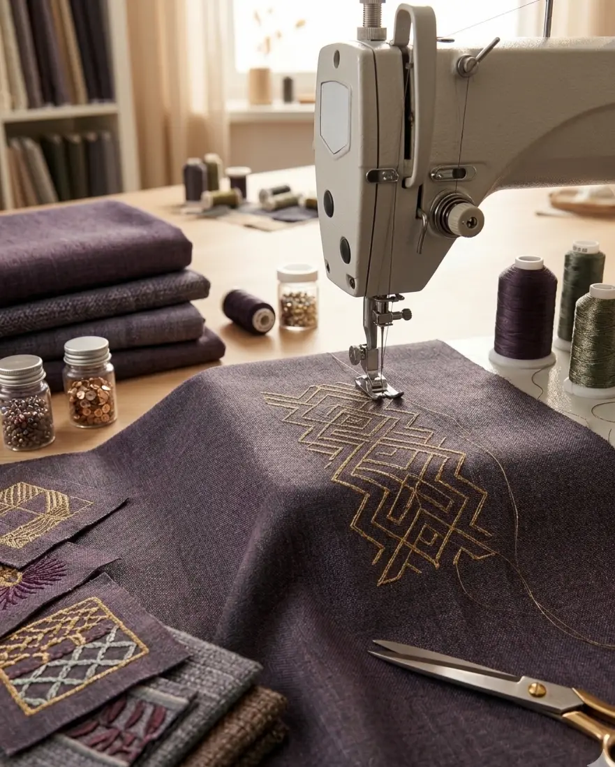 Hochwertiger Deko-Stoff in Mauve Melange mit goldener geometrischer Stickerei unter einer Nähmaschine, umgeben von Garnrollen und Zubehör.